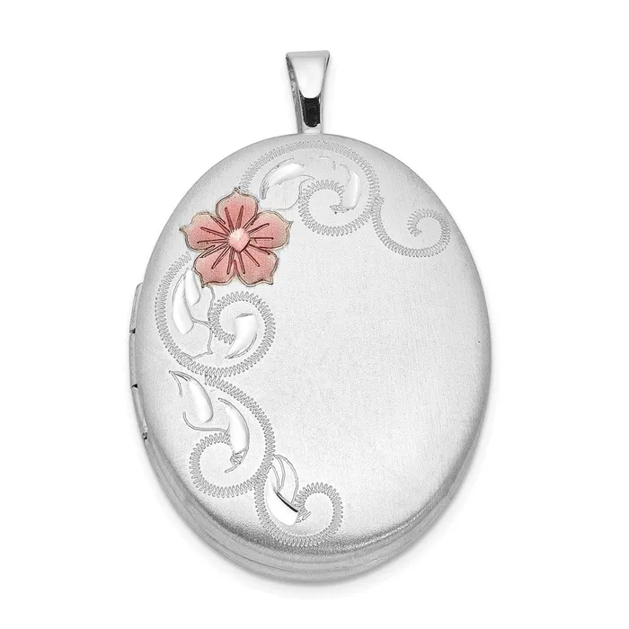 TreasureFineJewelers Sterling Silver Rhodplated 26mm Satin Enameled Flower Scroll Oval Locket Rings TreasureFineJewelers Sterling Silver Rhodplated 26mm Satin Enameled Flower Scroll Oval Locket Rings