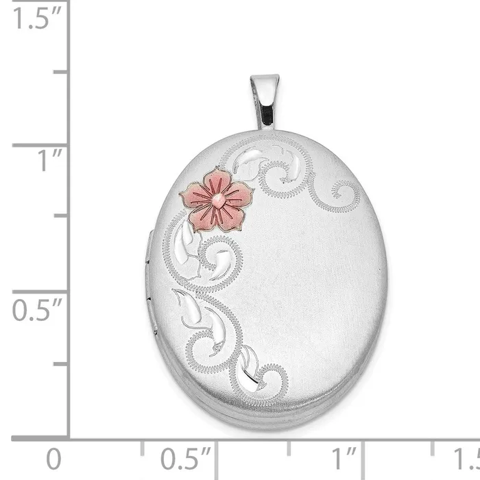 TreasureFineJewelers Sterling Silver Rhodplated 26mm Satin Enameled Flower Scroll Oval Locket Rings