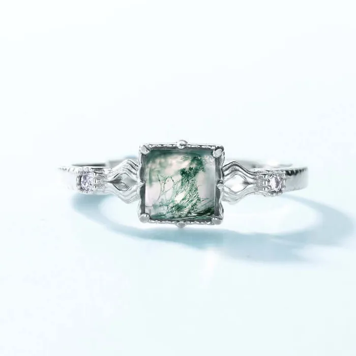 Trendolla Jewelry Rings Natural Cushion Unique Gemstone Vintage Moss Agate Adjustable Ring