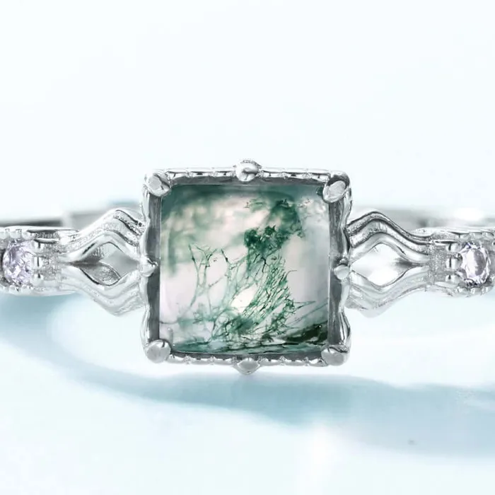 Trendolla Jewelry Rings Natural Cushion Unique Gemstone Vintage Moss Agate Adjustable Ring