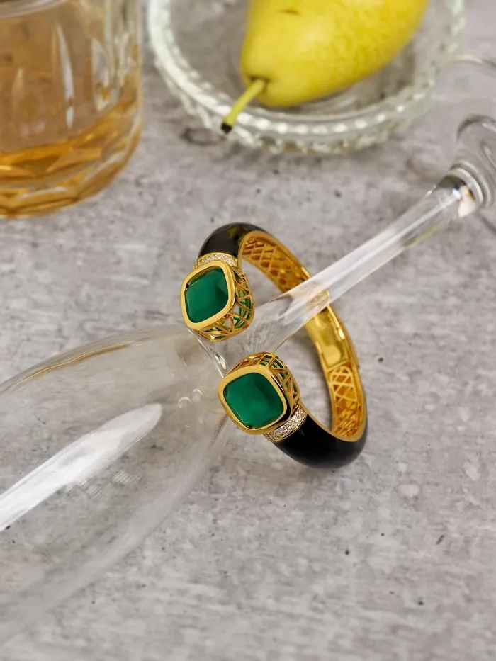 Bracelets Green Glow CZ Black Enameled Kada Bracelet Curio Cottage