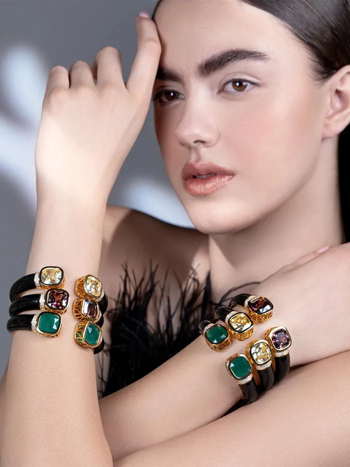 Bracelets Green Glow CZ Black Enameled Kada Bracelet Curio Cottage Bracelets Green Glow CZ Black Enameled Kada Bracelet Curio Cottage