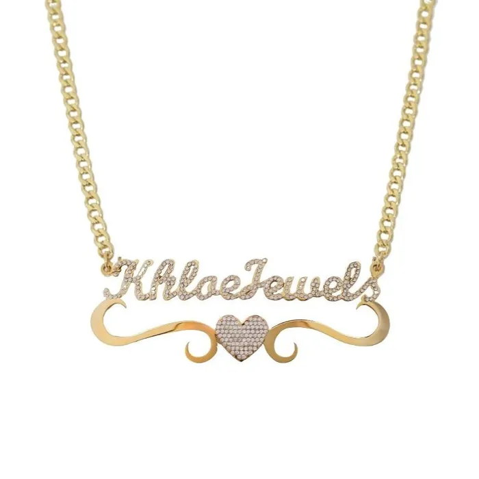 KHLOE JEWELS Custom Jewelry Necklaces Flourish Heart CZ Custom Nameplate