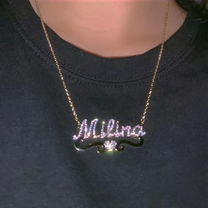 KHLOE JEWELS Custom Jewelry Necklaces Flourish Heart CZ Custom Nameplate