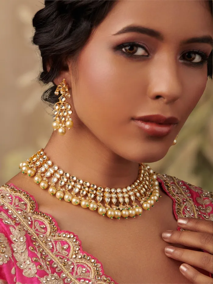 Necklaces Curio Cottage 18 KT Gold Plated Kundan Pearl Drop Choker Necklace