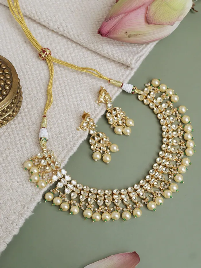 Necklaces Curio Cottage 18 KT Gold Plated Kundan Pearl Drop Choker Necklace