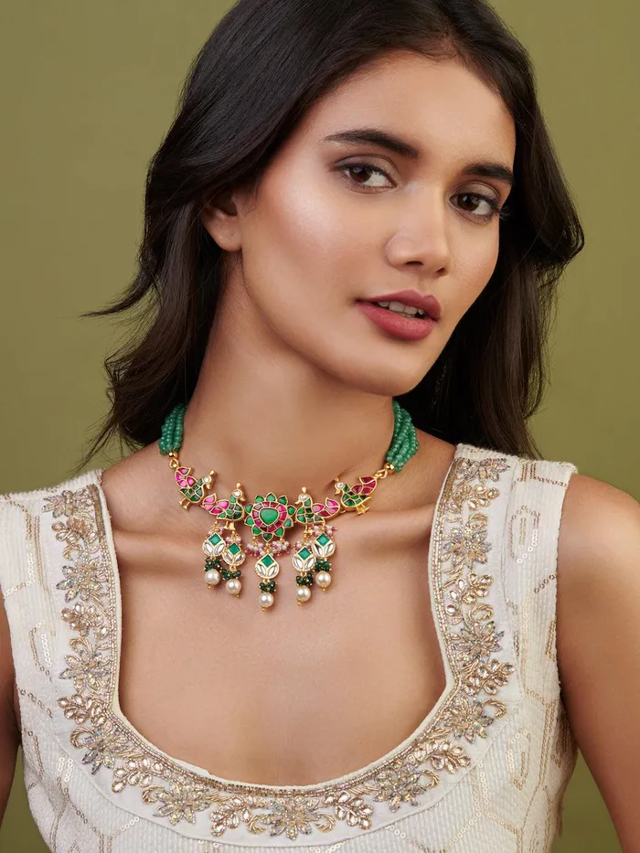 Necklaces Curio Cottage Meira Peacock Green Jadau Necklace