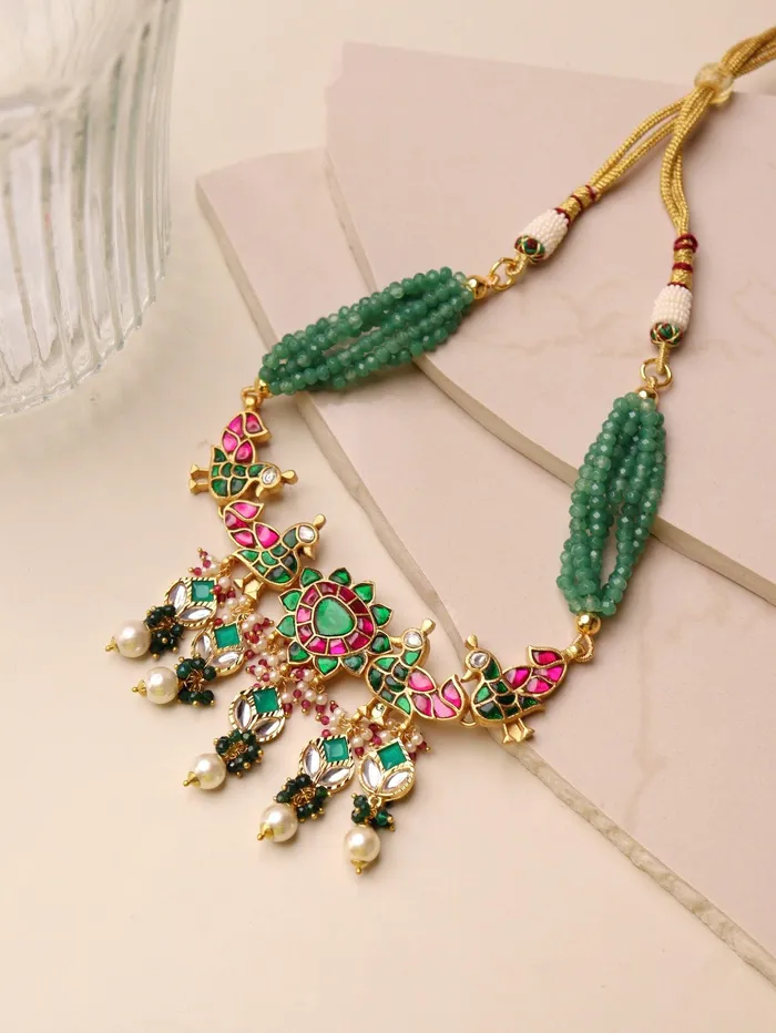 Necklaces Curio Cottage Meira Peacock Green Jadau Necklace Necklaces Curio Cottage Meira Peacock Green Jadau Necklace
