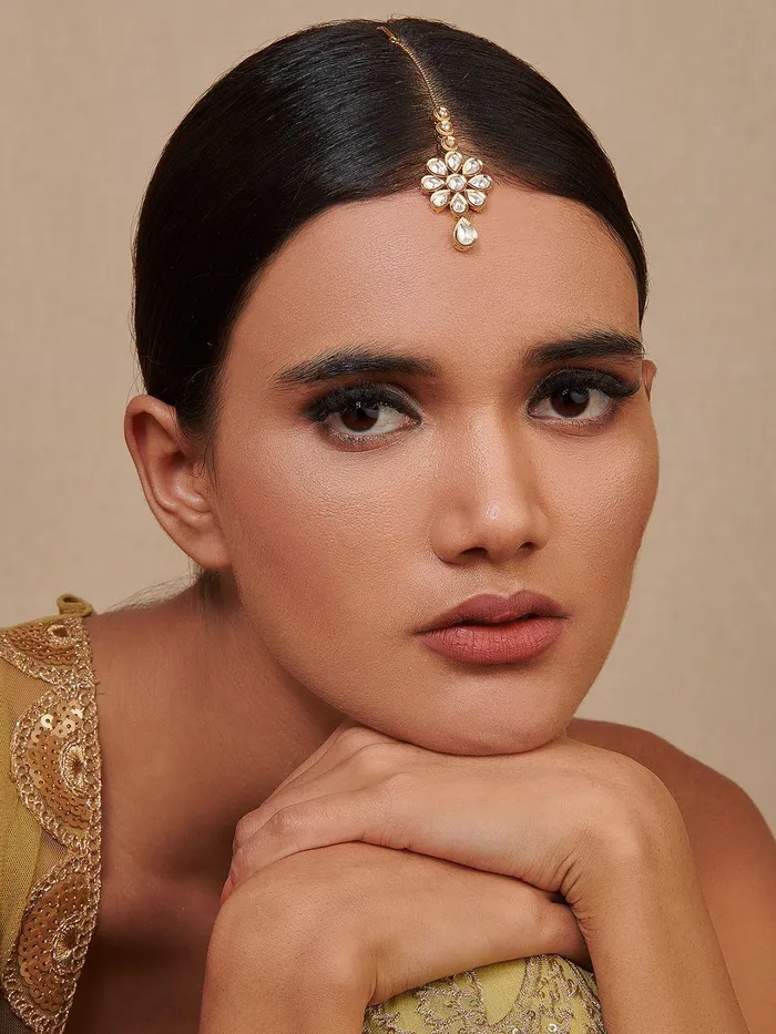 PreStyled Sets Curio Cottage Miera Kundan And Gold Maang Teeka