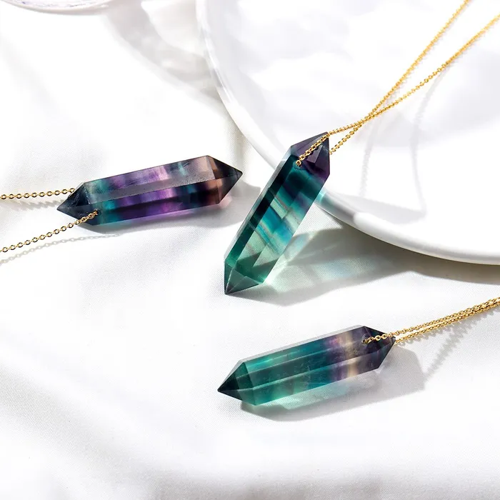 Premium Fluorite Crystal Necklace Gold plated sterling silver Runy Necklaces