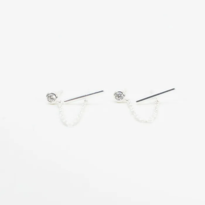 Tashi Rings Round Silver CZ Bar Double Studs