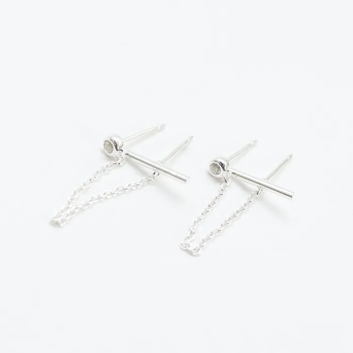 Tashi Rings Round Silver CZ Bar Double Studs
